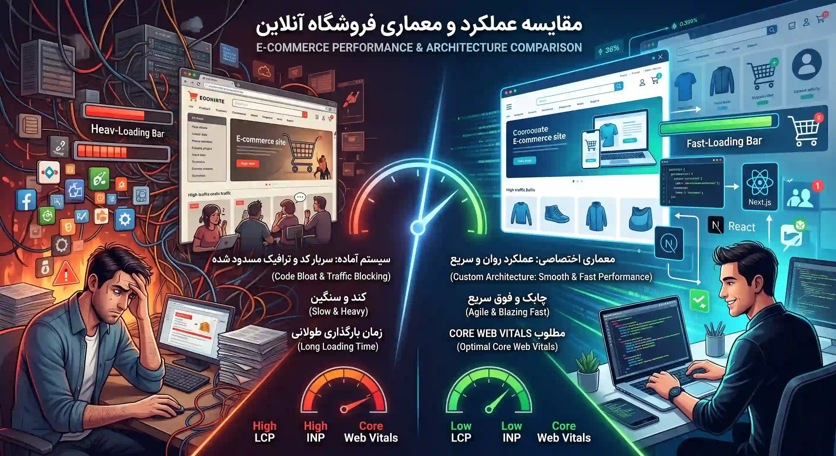مقایسه پرفورمنس معماری اختصاصی سایت فروشگاهی با سیستم‌های مدیریت محتوای آماده